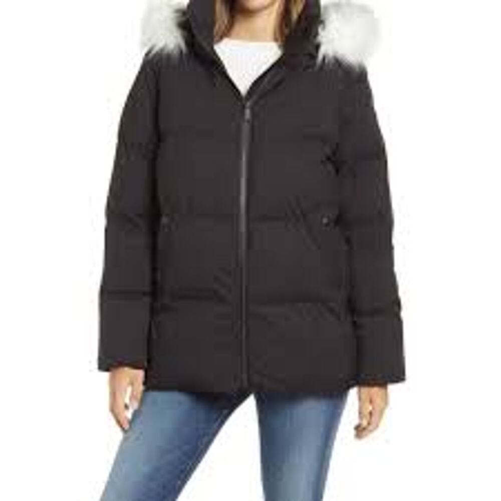 Sam Edelman Faux Fur Trim Hooded Puffer Coat Jacket Long Sleeve Black MEDIUM